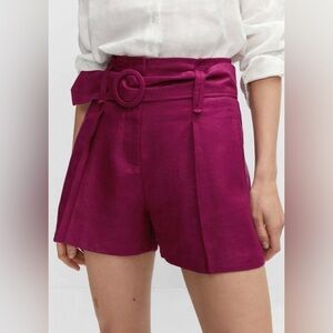 Mango Belted Paper-Bag Linen High Rise Shorts Magenta Sz 4